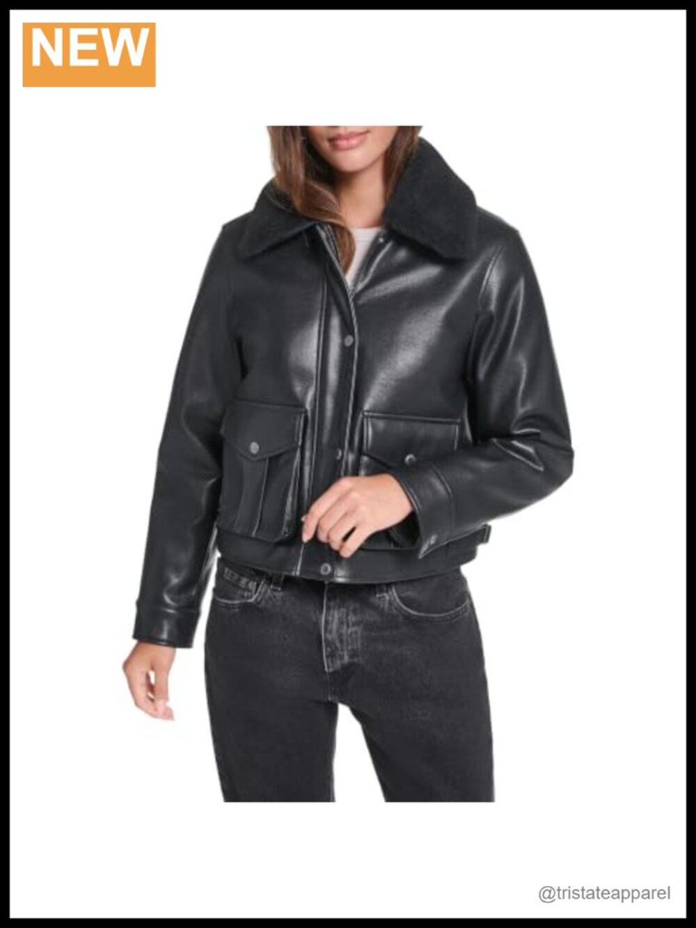 Faux Leather Sherpa Collar Cropped Field Jacket with Adjustable Cuffs